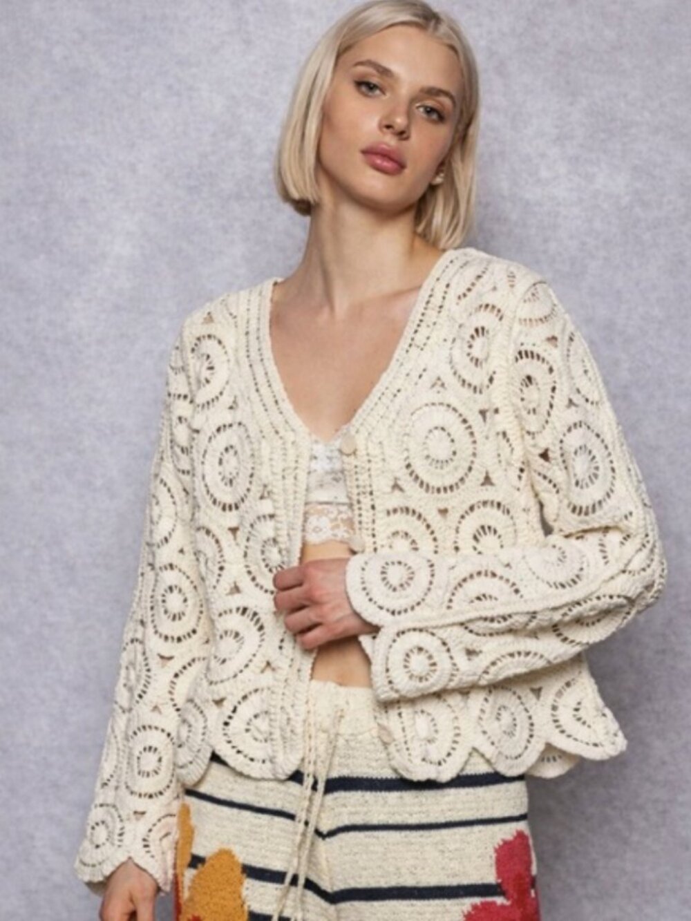 POL Crochet Cardigan Cream Boho Cotton Knit Button Front Sweater Cottagecore OS